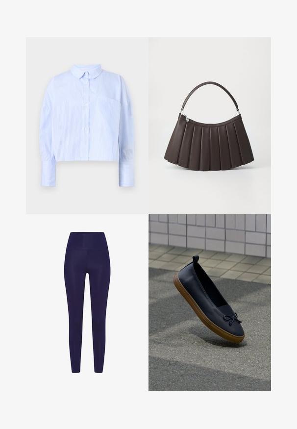 Korte button-up shirt in lichtblauw met witte verticale strepen, het heeft een spread collar en een borstzak. Zachte stoffen textuur.; Navy blauwe leggings met een hoge tailleband, gemaakt van een gladde, rekbare stof. Het ontwerp heeft een aansluitende pasvorm zonder patronen.; Zwarte leren instapschoen met bruine rubberen zool en een gestrikte strikdetail, zwevend boven een grijs trottoir naast een betegelde muur.; Bruine, geplooide handtas met een gebogen bovenkant, platte onderkant en een kort handvat. Gemaakt van glad materiaal met subtiele merkdetails.