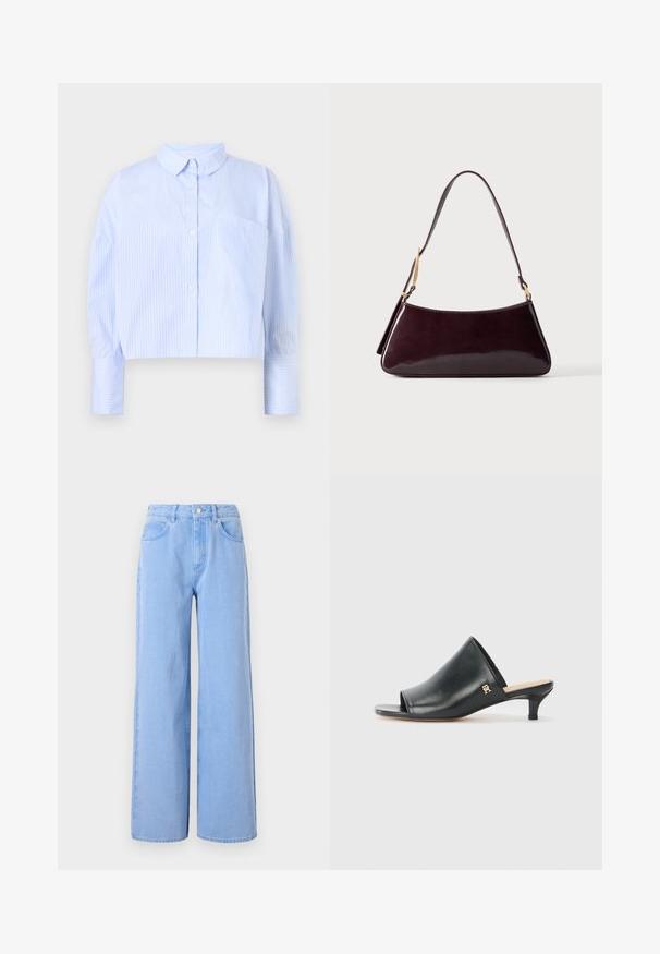 Korte button-up shirt in lichtblauw met witte verticale strepen, het heeft een spread collar en een borstzak. Zachte stoffen textuur.; Lichtblauwe wijde denim jeans. Heeft een aangesloten taille met riemlussen en voorzakken, stiksel details en een schone zoom.; Zwarte leren open teen muiltjes met een lage hak. Heeft een glad oppervlak en een gouden logo accent aan de zijkant.; Donkerbruine glanzende leren handtas met enkele schouderriem en goudkleurige metalen details tegen een effen achtergrond.