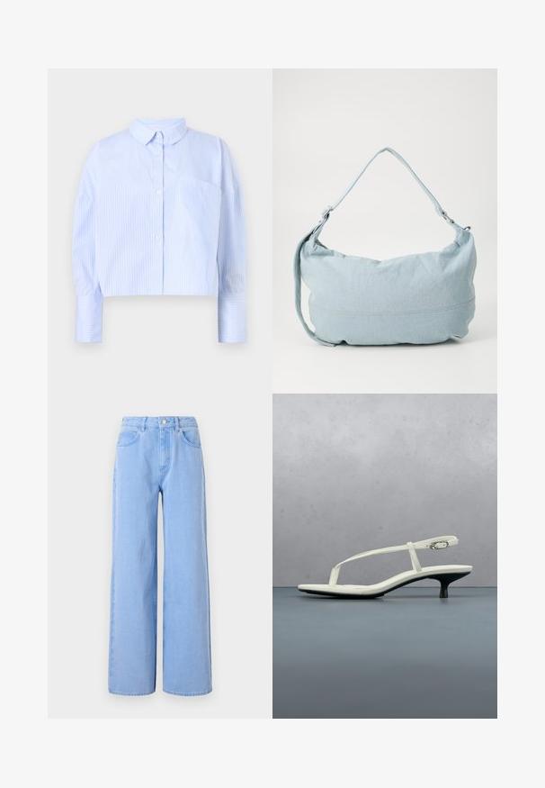 Chemise à manches courtes en bleu clair avec des rayures verticales blanches, dotée d'un col rabattu et d'une poche poitrine. Texture de tissu douce.; Jeans larges bleu clair en denim. Dotés d'une taille ajustée avec passants de ceinture et poches avant, de détails de couture et d'un ourlet propre.; Sandale blanche à talon kitten avec des lanières et un bout pointu, flottant au-dessus d'un sol en carrelage en bois en plein air avec un arrière-plan flou de plante et de mur.; Sac à dos en denim bleu clair de forme arrondie, avec une bandoulière ajustable et un subtil détail de couture le long du bas. Texture douce.
