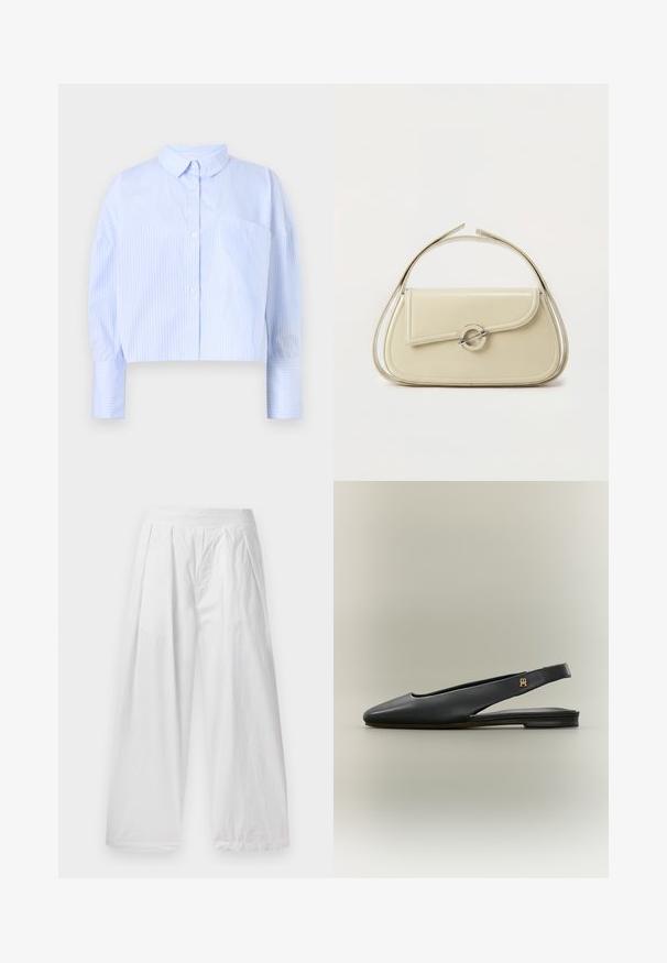 Chemise à manches courtes en bleu clair avec des rayures verticales blanches, dotée d'un col rabattu et d'une poche poitrine. Texture de tissu douce.; Pantalons larges blancs en tissu léger. Dotés d'une coupe ample, de plis à l'avant et d'une taille élastique.; Chaussure plate noire en cuir à bride arrière avec bout pointu et accent logo doré sur la bride, présentée sur un fond neutre.; Sac à main en cuir crème avec rabat incurvé, fermoir circulaire en argent et poignée courte sur le dessus, sur fond blanc uni.