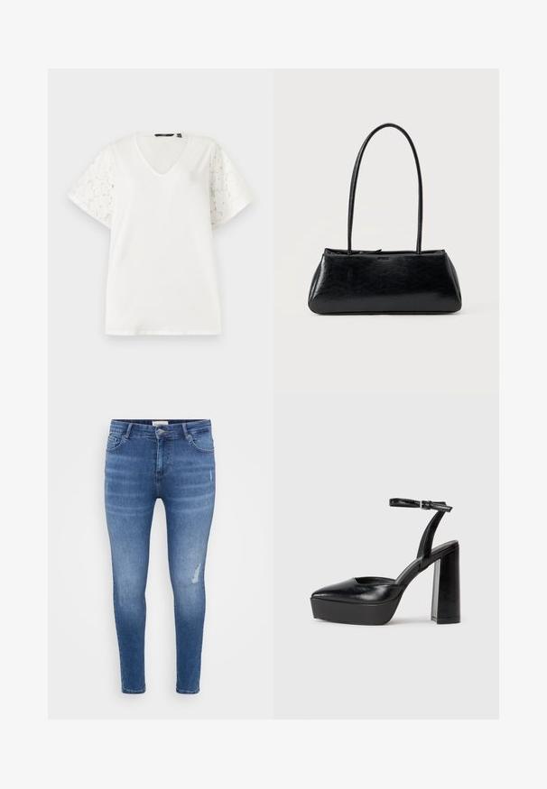 Blusa blanca de manga corta con escote en V y mangas con patrón de encaje floral sobre un fondo liso.; Vaqueros ajustados de denim en un tono azul claro con ligeras arrugas, toques desgastados, cinco bolsillos y cierre de cremallera. Textura suave.; Zapatos de tacón negro con punta afilada y correa ajustable en el tobillo. Confeccionados en cuero suave, presentan un tacón grueso.; Bolso de hombro rectangular negro con correas largas y delgadas y una textura lisa y brillante sobre un fondo liso.