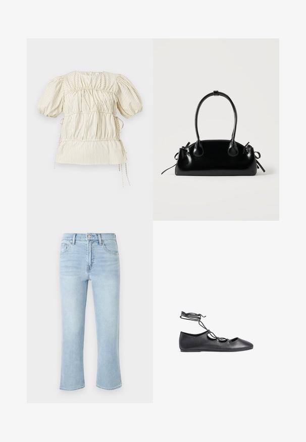 Cremefarvet bluse med tynde vertikale sorte striber, puffede korte ærmer, detaljer med samlet stof og sidesløjfer.; Lyseblå højttaljede denimjeans med lige ben, knaplukning foran og fem-lomme design vist mod en ensfarvet baggrund.; Sorte læder balletflade med spids tå, udskårne sektioner og tynde snore, der svøber om anklen; glat tekstur.; Lille sort blank håndtaske med to lange håndtag og snøre-detaljer i siden på en ensfarvet lys baggrund.
