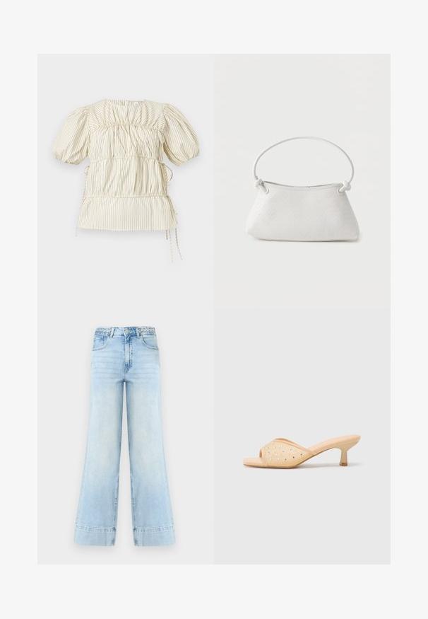 Cremefarbene Bluse mit dünnen vertikalen schwarzen Streifen, aufgepufften kurzen Ärmeln, gerafften Stoffdetails und seitlichen Bändern.; Hellblaue Jeans mit weitem Bein und hohem Bund, geflochtenen Gürtelschlaufen, vorderem Knopf, Reißverschluss und zwei Taschen vor weißem Hintergrund.; Beige offene Zehenmule mit einem glatten matten Finish, verziert mit dekorativen klaren Strasssteinen, die in einem Muster auf dem Obermaterial angeordnet sind.; Weiße gewebte Lederhandtasche mit abgerundetem Griff und verknoteten Riemenenden, vor schlichtem Hintergrund präsentiert.