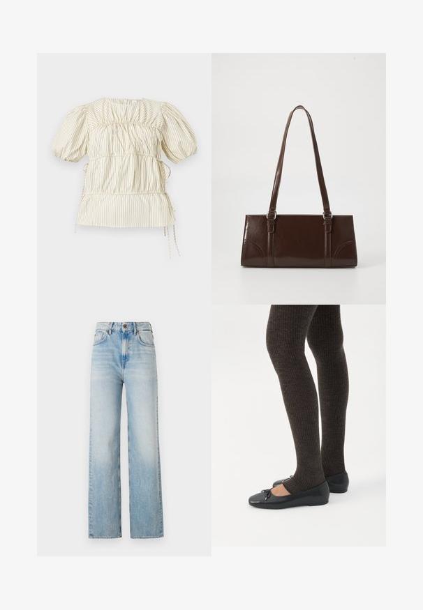 Crèmekleurige blouse met dunne verticale zwarte strepen, opgepofte korte mouwen, gerimpelde stofdetails en zijsstrikjes.; Lichtblauwe wijde jeans van denim, met een hoge taille, subtiele vervaging en een traditionele vijf-pocketontwerp met contrasterende stiksels.; Benen met donkere geribbelde leggings gecombineerd met zwarte ballerina's met kleine strikdetails op een witte achtergrond.; Bruine lakleren handtas met een rechthoekige vorm, twee lange handvatten en subtiele gebogen accenten aan de voorkant.