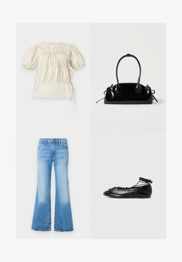 Blouse crème avec fines rayures verticales noires, manches courtes bouffantes, détails froncés sur le tissu et liens sur les côtés.; Jean évasé bleu clair à taille haute, en denim. Comprend deux poches avant et des accents en métal sur les boutons. Texture délavée sur le tissu.; Ballerines en cuir verni noir avec un bout rond, un design à lacets et une semelle plate. Texture lisse avec peu de détails.; Petit sac à main noir brillant avec deux longues anses et des détails à cordon sur les côtés sur un fond clair uni.
