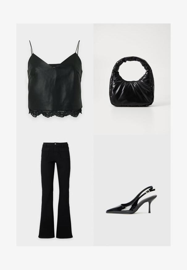 Zwarte leren camisole met dunne bandjes, voorzien van een diepe V-hals en een kanten rand aan de zoom, wat zorgt voor een gelaagd textuurcontrast.; Zwarte high-waisted flare jeans met voorzakken, riemlussen en een knoopsluiting, afgebeeld tegen een effen witte achtergrond.; Zwarte gepatenteerde leren slingback pump met een puntige neus en slanke hak. Voorzien van een verstelbare gespband aan de achterkant. Gladde textuur.; Zwarte gevoerde handtas met een ronde handgreep, met een gladde, glanzende oppervlakte en een zachte, gewatteerde textuur. Geen zichtbare metalen onderdelen of accenten.