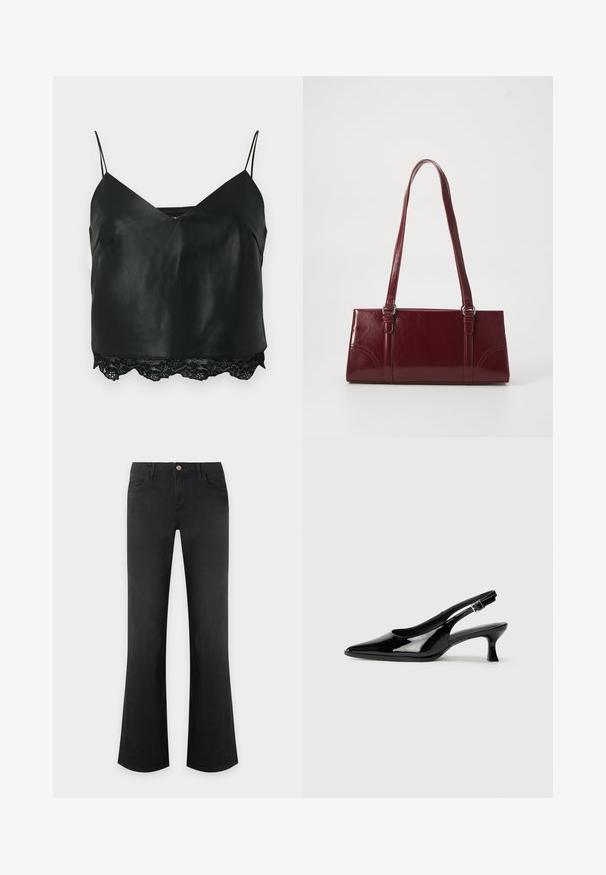 Zwarte leren camisole met dunne bandjes, voorzien van een diepe V-hals en een kanten rand aan de zoom, wat zorgt voor een gelaagd textuurcontrast.; Zwarte high-waisted jeans met een wijde pijp, knoop aan de voorkant, ritsluiting en een ontwerp met vijf zakken op een effen lichte achtergrond.; Zwarte lakleren slingback schoenen met een spitse neus en een lage blokhak. Verstelbare gespband bij de enkel.; Bourgondische handtas van glanzend materiaal, rechthoekige vorm, met twee schouderbanden en subtiele gebogen accenten aan de voorkant.