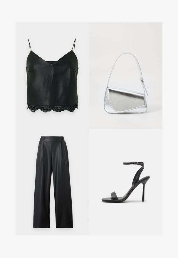 Camisola de cuero negro con tirantes finos, que presenta un escote en V profundo y un borde de encaje en el dobladillo, creando un contraste de textura en capas.; Pantalones anchos de cuero sintético negro con cintura alta, detalles de botones en la cintura y pliegues delanteros.; Sandalia negra de tacón alto con una correa delgada en el tobillo y dos bandas en la parte frontal. Hecha de cuero suave con una punta afilada y tacón de aguja.; Bolso de mano metálico plateado con forma triangular, textura suave y una fina correa de hombro ajustable. Presenta un diseño plegable con costuras.