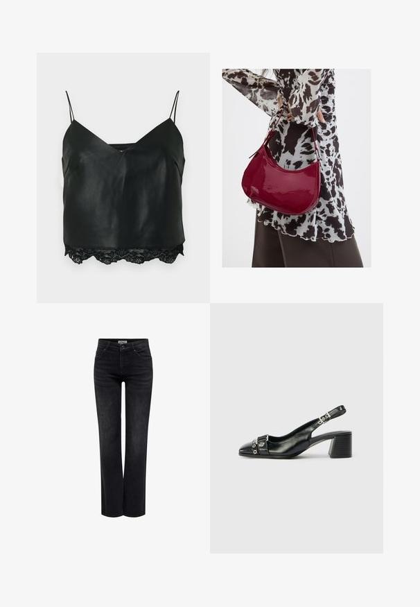 Zwarte leren camisole met dunne bandjes, voorzien van een diepe V-hals en een kanten rand aan de zoom, wat zorgt voor een gelaagd textuurcontrast.; ONLY BLUSH MID STRAIGHT NOOS - Straight leg jeans - washed black; Zwart leren slingback hak met een spitse neus, eenTextuur strap met cirkelvormige metalen accenten en een gestapelde blokhak.; Vrouw met een zwart-wit gebloemde blouse houdt een glanzende rode schoudertas vast tegen een effen achtergrond.