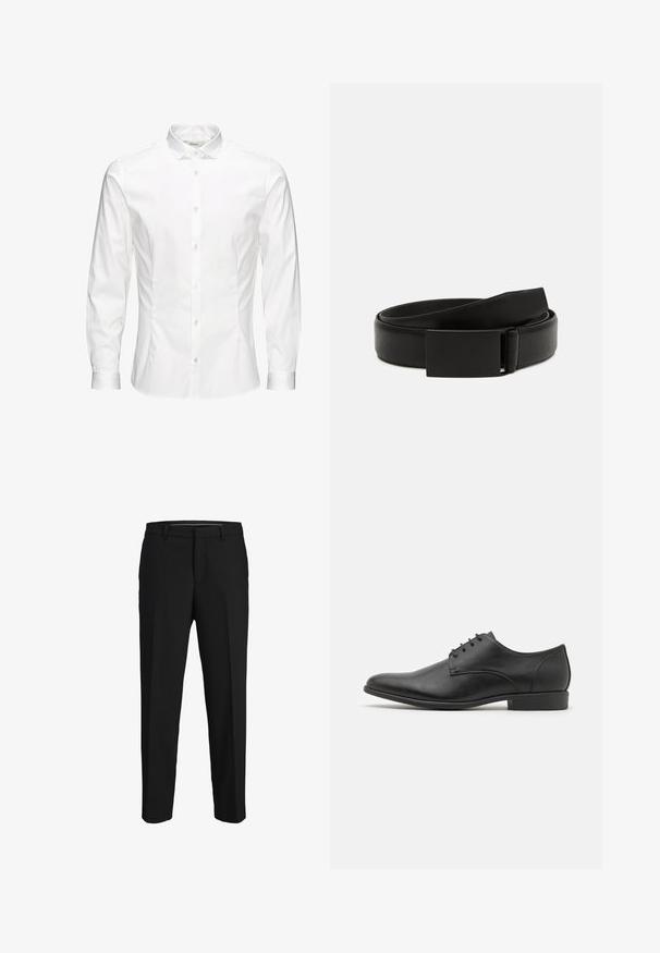 Chemise blanche à manches longues avec boutons, fabriquée dans un tissu lisse. Dotée d'un col classique, de boutons sur le devant et de poignets à un bouton. Design ajusté.; Pantalons noirs en tissu lisse, présentant une coupe droite, des passants de ceinture et un devant plat sans motifs ni embellissements visibles.; Chaussure habillée en cuir noir avec une finition lisse, un talon bas, un bout rond et six œillets pour les lacets. Design minimaliste.; Ceinture en cuir noir avec une texture lisse, dotée d'une boucle rectangulaire noire mate et d'un design classique et minimaliste.