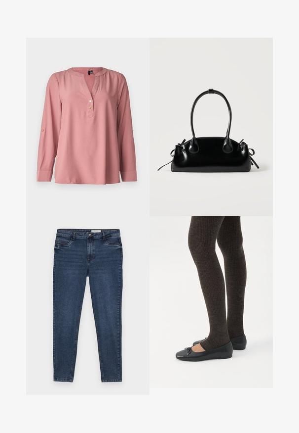 Langsleeve, rozenkleurige blouse met een V-hals, ronde kraag, drie gouden knopen en mouwen met rol-tab. Glad materiaal met minimale textuur.; Donkerblauwe spijkerbroek met een slim fit, vijfzakkenontwerp en gouden stiksel. Voorzien van een ritssluiting en knoopsluiting. Glad textuur.; Benen met donkere geribbelde leggings gecombineerd met zwarte ballerina's met kleine strikdetails op een witte achtergrond.; Kleine zwarte glanzende handtas met twee lange hengsels en zijkant trekkoord details op een effen lichte achtergrond.