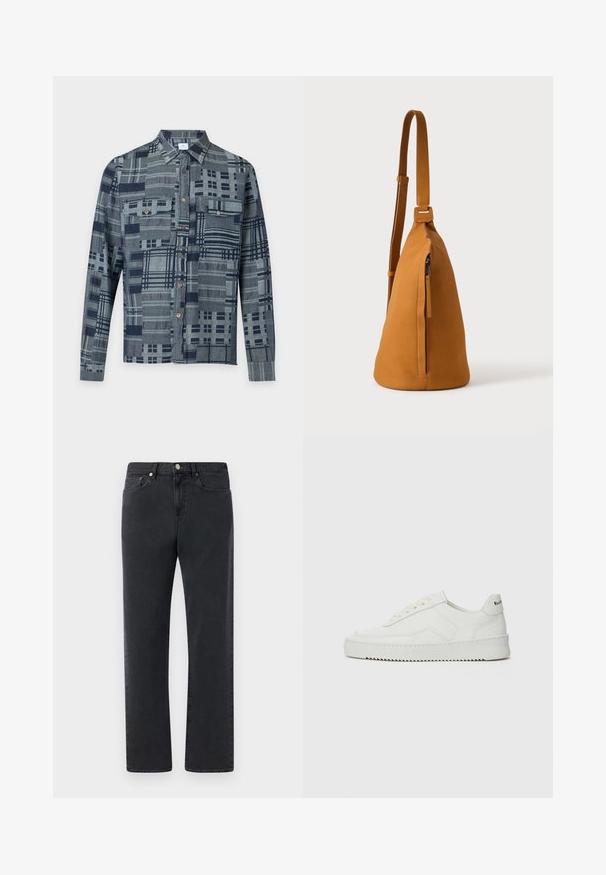 Langärmliges Hemd mit Knopfleiste, grauem und dunkelblauem Patchwork-Karomuster und zwei aufgesetzten Brusttaschen mit Knöpfen.; Schwarze Jeans aus Denim mit geradem Bein, fünf Taschen und Metallelementen. Der Stoff hat eine glatte, leicht strukturierte Oberfläche.; Weiße Ledersneaker mit glatter Oberfläche, runder Zehenpartie, flachen Schnürsenkeln und strukturiertem Sohlenprofil. Mit einem dezenten Logo an der Ferse.; Hellbraune Leder-Umhängetasche mit verstellbarem Trageriemen und vertikaler Reißverschlusstasche, von der Seite vor hellem, einfarbigem Hintergrund gezeigt.