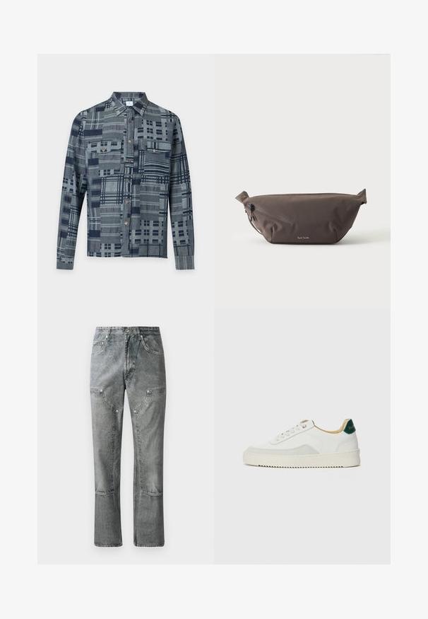 Overhemd met lange mouwen en knopen, met een grijs en donkerblauw patchwork ruitpatroon en twee borstzakken met knopen.; Grijze denimjeans met een rechte snit, voorzien van frontzakken, zichtbare stiksels en een vervaagde afwerking. Het materiaal heeft een gladde textuur.; Witte sneaker met suède accenten, ronde neus, platte veters en een crème rubberen zool. Bevat groene branding op de hiel.; Donkerbruine stoffen heuptas met diagonale ritssluiting en klein wit logo aan de voorkant, tegen een effen lichte achtergrond.