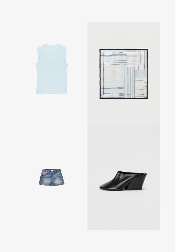 Ærmeløs lyseblå tanktop med rund halsudskæring og lige kant, vist fladt på en hvid baggrund.; Denim mini nederdel i lyseblå vask, med en tætsiddende talje, forlommer og en svungen kant med let falming og færdige kanter.; Sorte læder wedge-mules med spids tå og glat tekstur. Hælen er slank og vinklet, hvilket giver en moderne silhuet.; Silketørklæde med lyseblåt, hvidt og sort geometrisk laparbejde, der indeholder forskellige horisontale og vertikale linjemønstre samt en sort kant.