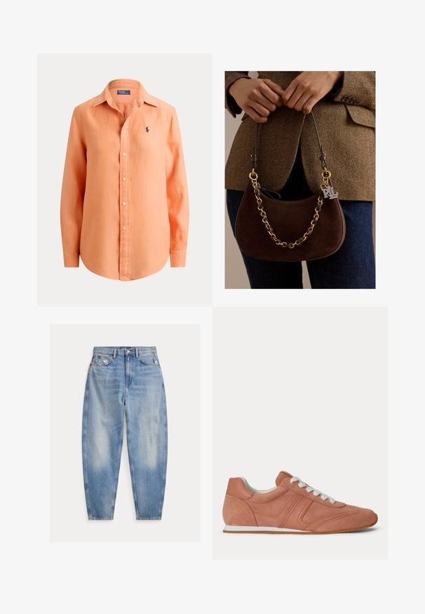 Dlhá košeľa na gombíky v svetlo oranžovej farbe s golierom a modrým vyšitým logom Polo Ralph Lauren na ľavej strane hrudníka.; Svetlomodré džínsy s vysokým pásom, mierne vyblednuté a opotrebované pri predných vreckách, päť vrecový štýl a zužujúce sa nohavice.; Nízky športový topánok v matnej ružovej farbe s bielymi šnúrkami, prešitým dizajnom a tenkou bielou podrážkou s béžovou gumovou podrážkou.; Osoba v hnedom blazeríku s rybím zubom drží tmavohnedú semišovú kabelku so zlatým reťazcom a príveskom s logom RL.