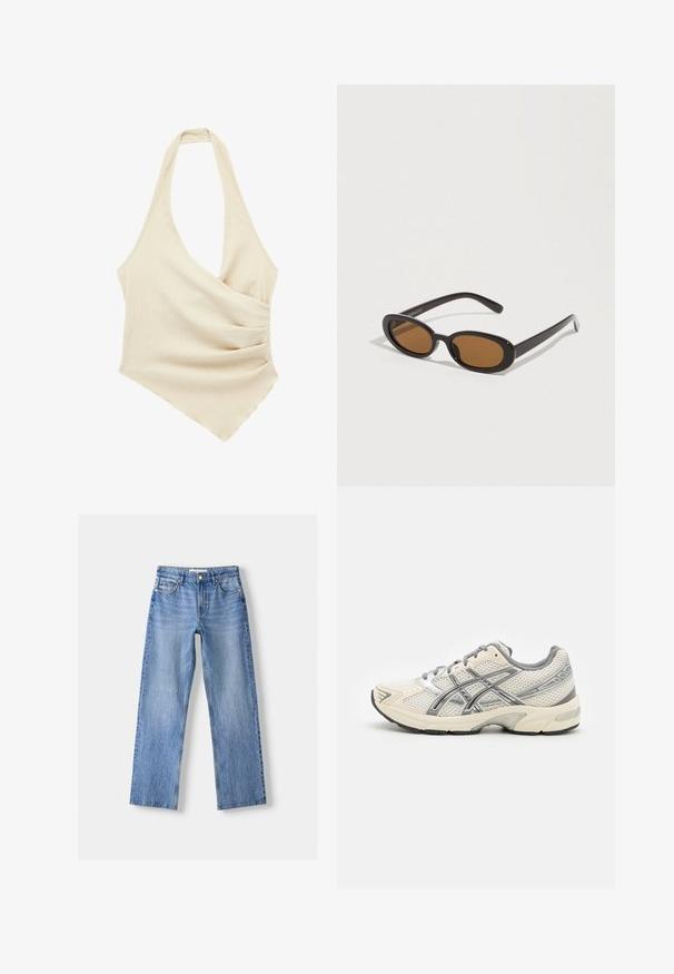Cremefarbener, gestrickter Neckholder mit tiefem V-Ausschnitt und asymmetrischem Saum, mit gerafften Details auf einer Seite.; Hellblaue Denim-Jeans mit geradem Bein, fünf Taschen, Knopfverschluss vorne und subtilen Verwaschungen für Textur.; Laufschuhe mit einem atmungsaktiven weißen Mesh-Obermaterial, silbernen Akzenten, grauen Schnürsenkeln und einer langlebigen schwarzen Gummisohle. Leichtes, gepolstertes Design.; Sonnenbrille mit ovalen braunen Gläsern, schwarzen Kunststofffassungen und dünnen Bügeln. Glatte Textur mit minimalistischem Design.