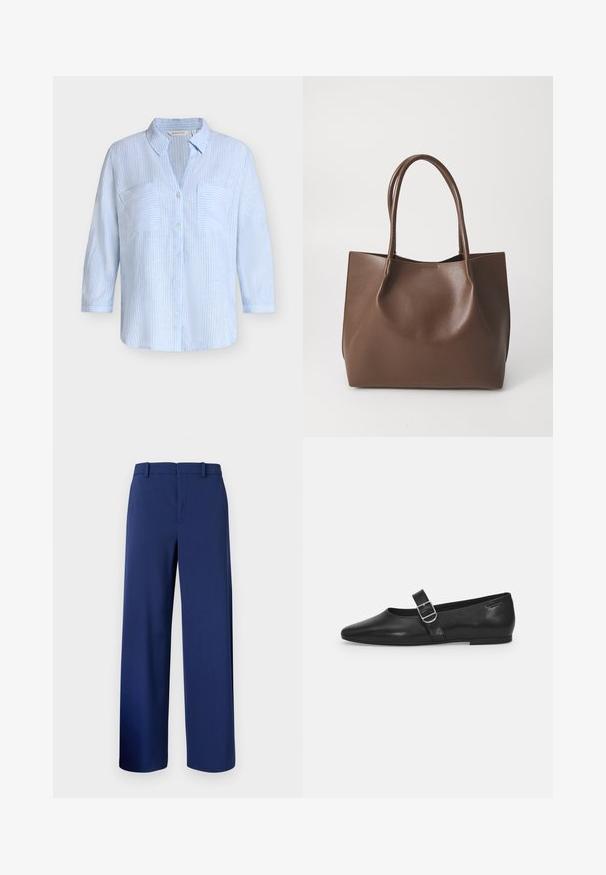Chemise bleu clair à manches longues, boutonnée, avec de fines rayures verticales blanches et deux poches poitrine devant.; Pantalons taillés bleu marine, en tissu lisse, présentant un design à jambe droite, des passants de ceinture et une fermeture éclair à l'avant avec un crochet.; Chaussure plate en cuir noir avec un bout arrondi, une seule sangle réglable à boucle et une texture lisse et brillante. Design minimaliste avec un petit talon.; Sac en cuir marron avec deux longues poignées, forme structurée, texture lisse et design minimaliste. Aucun matériel ni accent visible.