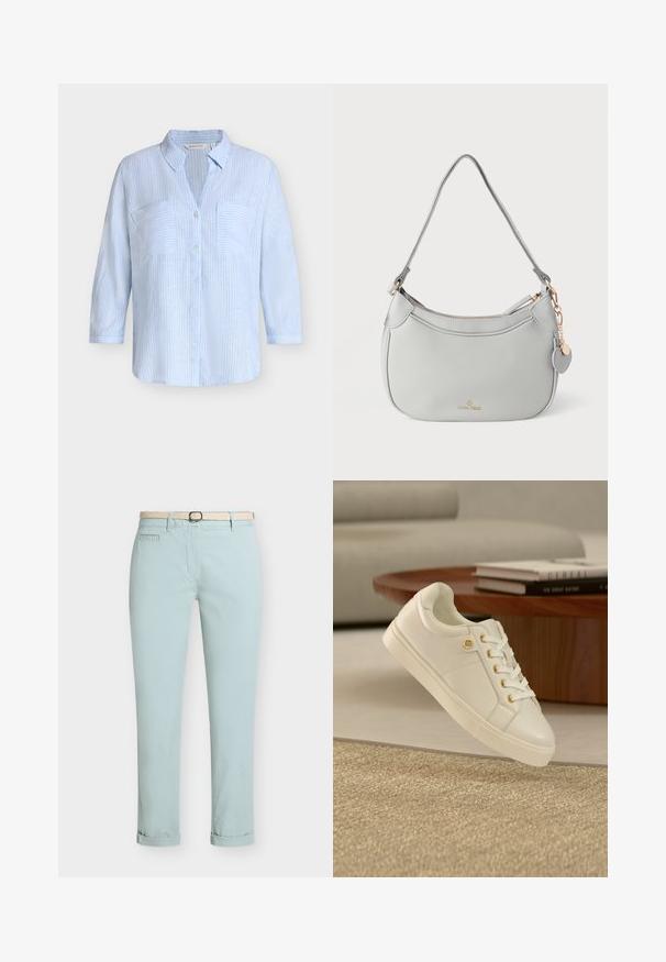 Chemise bleu clair à manches longues, boutonnée, avec de fines rayures verticales blanches et deux poches poitrine devant.; Pantalon bleu clair ajusté avec revers et ceinture tissée écrue sur un fond uni.; Baskets en cuir blanc avec œillets dorés et épingle de logo, placées près d'une table ronde en bois avec des livres empilés dans un salon moderne.; Sac à main en cuir gris à la forme arrondie, avec des accessoires dorés et un charm décoratif. Il est doté d'une fermeture éclair et d'une seule bandoulière.