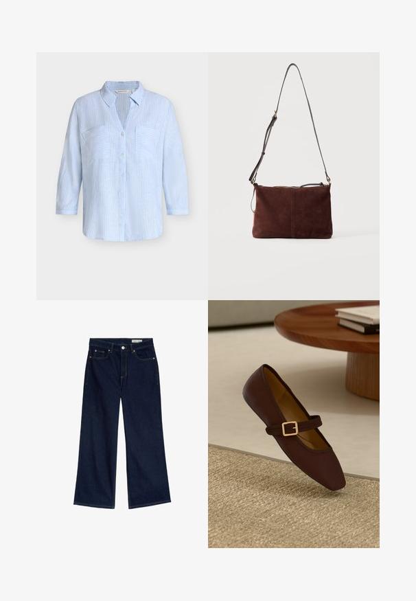 Lyseblå skjorte med lange ærmer, tynde hvide lodrette striber og to lommer på brystet foran.; Bredde ben mørkeblå denimjeans med høj talje, fem-lomme design, kobber nitter og kontrasterende gul syninger.; Brune læder flad sko med spids tå og en dekorativ rem med en guldbuckle. Varm beige vævet teksturbaggrund.; Mørkebrun skuldertaske i ruskind med justerbar sort rem og guldfarvet lynlåslukning, vist mod en ensfarvet hvid baggrund.