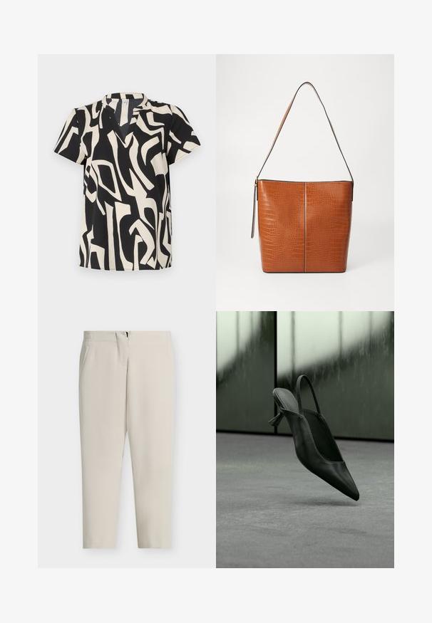 Kurzarm-Oberteil in Creme und Schwarz mit einem abstrakten Muster, V-Ausschnitt und leichtem Stoff mit glatter Textur.; Beige, maßgeschneiderte Hosen mit geradem Bein, Seitentaschen und einem Reißverschluss vorne. Glatter Stoff mit sauberem, minimalistischem Design.; Schwarzer Slingback-Highheel aus Leder mit spitzer Schuhspitze, schwebt über grauem Teppichboden, unscharfer grünlicher Wandhintergrund.; Braune Lederhandtasche mit Kroko-Prägung, ausgestattet mit einem einzelnen Schulterriemen und einer eleganten Form, akzentuiert mit schwarzer Umrandung.