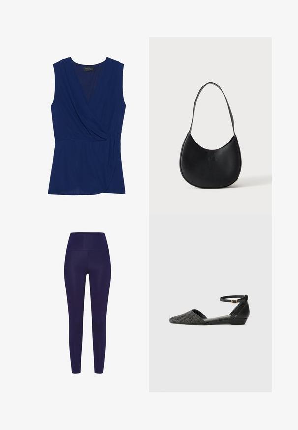 Top sin mangas de color azul marino con escote en V, diseño envolvente y textura drapeada. Presenta un forro interior y detalles de costura sutiles.; Leggings azul marino con una cintura alta, hechos de un material liso y elástico. El diseño presenta una forma ajustada sin patrones.; Bailarinas negras con punta afilada, que cuentan con una parte superior de tejido texturizado y una correa de cuero en el tobillo con un hebilla dorada. Diseño de tacón bajo.; Bolso de hombro negro de cuero en forma de media luna con una sola correa y el nombre de la marca en relieve sutil sobre un fondo liso y claro.