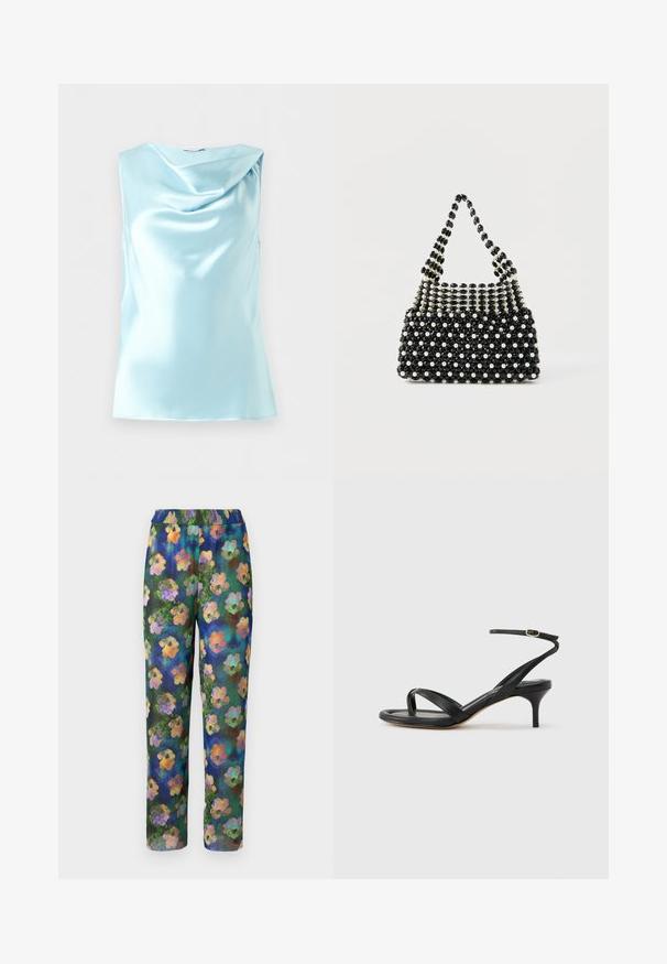 Hellblaue ärmellose Satinbluse mit drapiertem Wasserfallausschnitt, dargestellt vor weißem Hintergrund.; Blumenmusterhosen mit gerippter Textur, elastischem Bund und einem grünen, blauen Hintergrund, der mit bunten Blütenmustern durchzogen ist.; Schwarze Ledersandale für Damen mit dünnen Riemchen, einer Zehenlasche, einer Knöchelschnalle und einem mittelhohen Stöckelabsatz vor neutralem Hintergrund.; Schwarze und weiße Handtasche mit Perlenbesatz und kurzem Griff, die abwechselnd perlenähnliche und schwarze facettierte Perlen in einem karierten Muster zeigt.