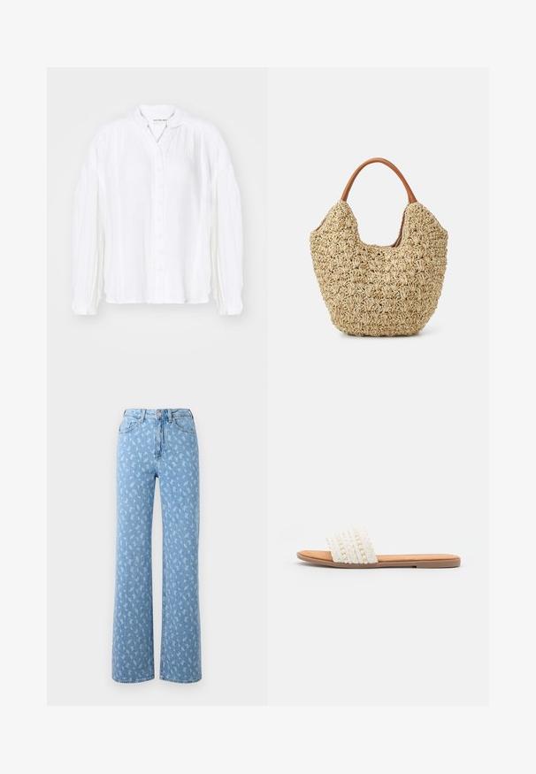 Chemise blanche à manches longues, boutonnée, avec une texture plissée et un col mandarin, offrant une coupe décontractée et des détails de couture subtils.; Jean large bleu clair en denim, présentant un motif floral dans une teinte plus claire. Design taille haute avec une construction de poche standard.; Sandale à glissière tissée blanche avec une texture tressée et des perles décoratives, dotée d'une semelle intérieure lisse couleur tan et d'une semelle en caoutchouc plate.; Sac fourre-tout en paille tissée avec une texture naturelle et une forme douce et organique, doté de poignées en cuir brun pour un transport facile.