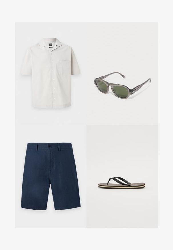 Chemise gris clair à manches courtes avec boutons, poche poitrine et col plié, marquée "BOSS" sur la poche et l'étiquette du col.; Shorts pour hommes bleu marine avec fermeture par bouton, passants pour ceinture et poches latérales, présentés à plat sur fond blanc.; Tongs noires avec un coussin de pied brun texturé, de fines lanières noires et une subtile accentuations blanches sur le bord de la semelle.; Lunettes de soleil grises translucides avec verres verts, de forme arrondie et branches élégantes dotées de détails de marque gravés.