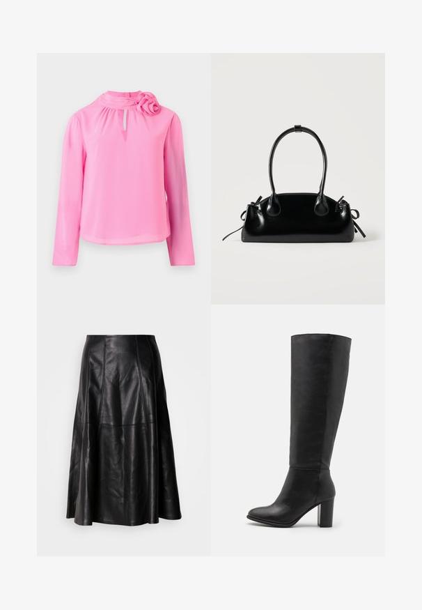 Roze lange mouw top van lichtgewicht stof met een hoge hals, sleuteldetalje en een decoratieve rozenaccent op de schouder.; Zwarte leren rok met een uitlopende silhoët, voorzien van zichtbare stiksels en een gladde textuur. Middellange ontwerp met een klassieke snit.; Zwarte laarzen tot de knie van soepel leer, met een dikke hak en een ronde neus. Minimalistisch ontwerp zonder zichtbare hardware of versieringen.; Kleine zwarte glanzende handtas met twee lange hengsels en zijkant trekkoord details op een effen lichte achtergrond.