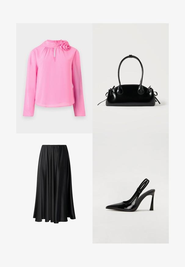 Lyserød langærmet top lavet af letvægtsstof, der har en mock neck, nøglehul detalje og en dekorativ roseaccent på skulderen.; Sort maxiskirt lavet af glat stof, med en elastisk talje, fuld silhuet og en flydende kant uden synlige mønstre eller detaljer.; Sorte patenterede lædersædler med spidse tæer, slank høj hæl og dobbelt elastisk rem for sikker pasform. Glat, skinnende overflade.; Lille sort blank håndtaske med to lange håndtag og snøre-detaljer i siden på en ensfarvet lys baggrund.