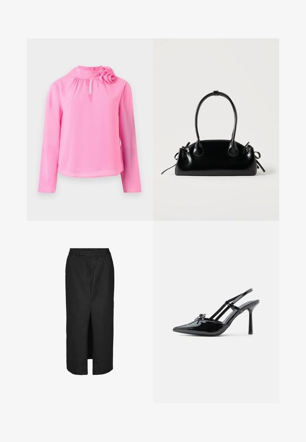 Top de manga larga rosa, hecho de una tela ligera, con cuello alto, detalle de ojal y un acento decorativo de rosa en el hombro.; Falda midi negra con una abertura frontal, confeccionada en una tela ligera. Presenta una línea de cintura clásica y sutiles bolsillos laterales.; Zapato tipo slingback de charol negro con tacón alto, punta puntiaguda, tacón delgado y doble tira cruzando el empeine.; Pequeño bolso negro brillante con dos asas largas y detalles de cordón lateral sobre un fondo claro liso.