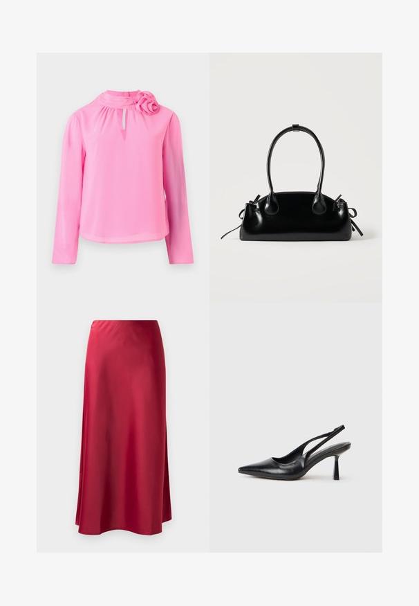 Roze lange mouw top van lichtgewicht stof met een hoge hals, sleuteldetalje en een decoratieve rozenaccent op de schouder.; Rode satijnen lange rok met een zachte textuur, lichtlopende vorm en een zijsplit voor bewegingsgemak. Geen zichtbare hardware of versieringen.; Zwarte leren slingback hoge hak schoenen met puntige neus en slanke hak op een witte achtergrond.; Kleine zwarte glanzende handtas met twee lange hengsels en zijkant trekkoord details op een effen lichte achtergrond.