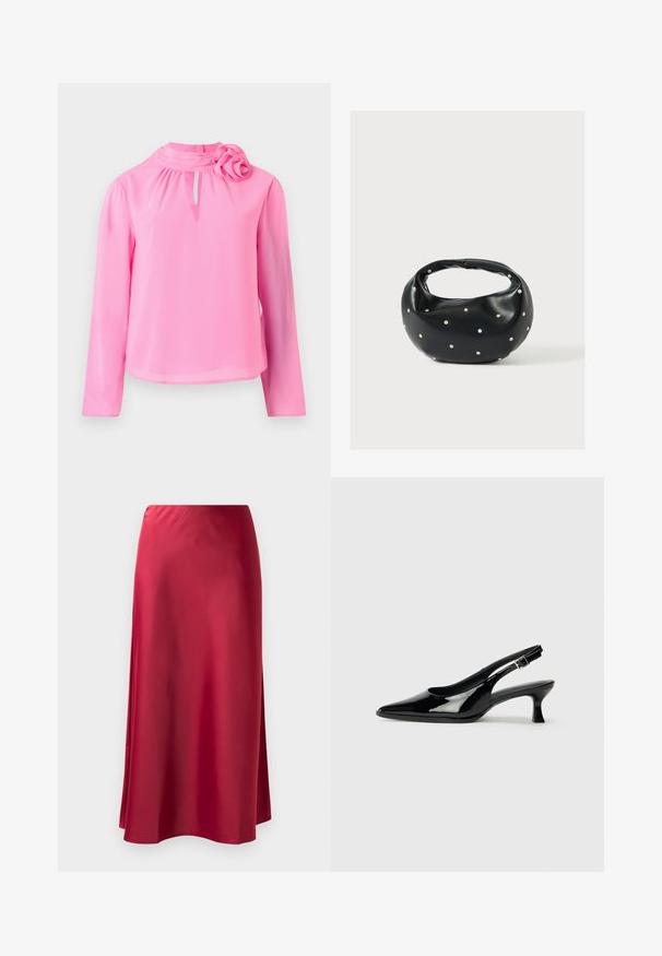Lyserød langærmet top lavet af letvægtsstof, der har en mock neck, nøglehul detalje og en dekorativ roseaccent på skulderen.; Rød satin lang nederdel med en glat tekstur, let udvidet form og sideslids for nem bevægelse. Ingen synlige metaldele eller pynt.; Sorte patenterede slingback-sko med spidse tæer og lav blokhæl. Justerbar spænde-rem ved anklen.; Sort læderhåndtaske med en rundet form, dekoreret med sølvnitter, og et kort håndtag. Glat tekstur og lynlåslukning.
