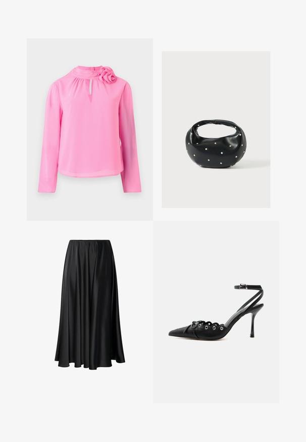 Roze lange mouw top van lichtgewicht stof met een hoge hals, sleuteldetalje en een decoratieve rozenaccent op de schouder.; Zwarte maxi rok van gladde stof, met een elastische tailleband, een volle silhouet en een vloeiende zoom zonder zichtbare patronen of details.; Zwarte pumps met hoge hak en spitse neus, gegolfde randen, metalen oogjes, vetergespsluiting aan de voorzijde en enkelriem met gespsluiting.; Zwarte leren handtas met een afgeronde vorm, versierd met zilveren studs, en een korte handgreep. Gladde textuur en ritsluiting.