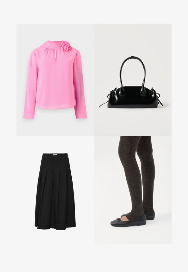 Top rose à manches longues en tissu léger, avec col montant, détail en trou de serrure et accent décoratif en forme de rose sur l'épaule.; Jupe midi plissée noire en tissu lisse. Elle présente une taille haute et une silhouette fluide avec des plissés soigneusement cousus.; Jambes portant des leggings côtelés foncés associés à des ballerines noires avec de petits détails en nœud sur fond blanc.; Petit sac à main noir brillant avec deux longues anses et des détails à cordon sur les côtés sur un fond clair uni.