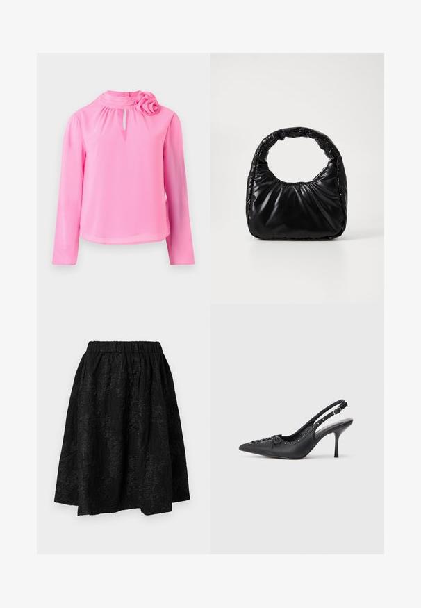 Top de manga larga rosa, hecho de una tela ligera, con cuello alto, detalle de ojal y un acento decorativo de rosa en el hombro.; Falda negra con cintura elástica, con patrones florales texturizados. La tela parece ligera y ligeramente arrugada.; Sandal de tacón stiletto negro de cuero con punta afilada, correa lateral con hebilla, tachuelas a lo largo del borde y cordones decorativos en la parte delantera.; Bolso negro acolchado con un asa redondeada, que presenta una superficie lisa y brillante y una textura suave y acolchada. Sin herrajes ni acentos visibles.