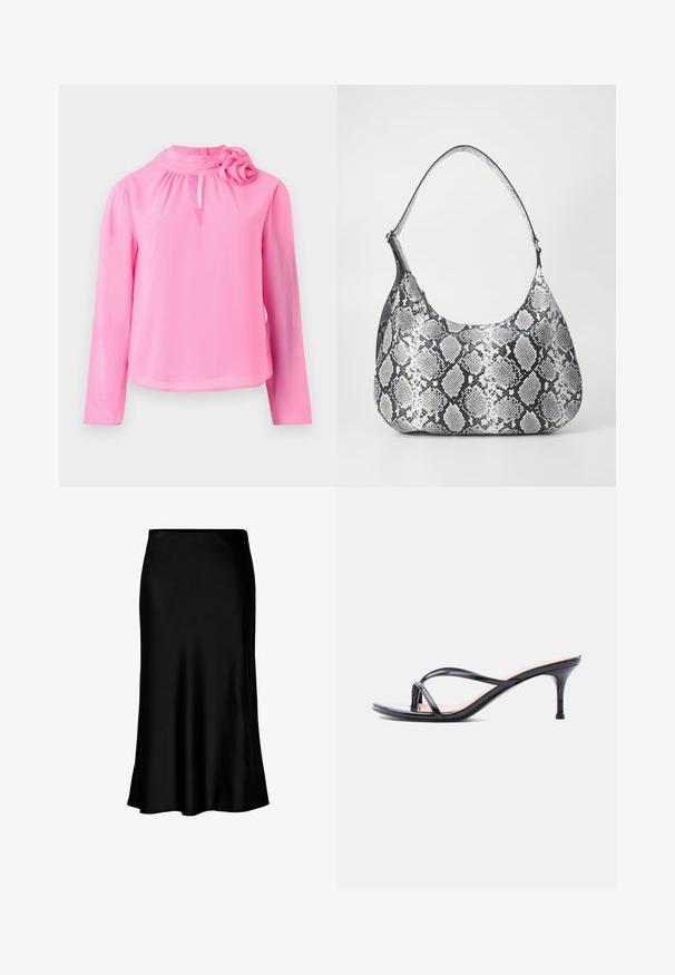 Roze lange mouw top van lichtgewicht stof met een hoge hals, sleuteldetalje en een decoratieve rozenaccent op de schouder.; Zwarte satijnen midi-rok met een gladde textuur, een uitlopende zoom en een nauwsluitende tailleband, met een eenvoudig, klassiek ontwerp.; Zwarte laklederen sandaal met hakken, dunne gekruiste bandjes en een slanke, middelhoog stilettohak op een witte achtergrond.; Zwart-witte slangenprint schoudertas met een afgeronde vorm, een gladde textuur en een ronde strap. Voorzien van een zilveren hardwareaccent.