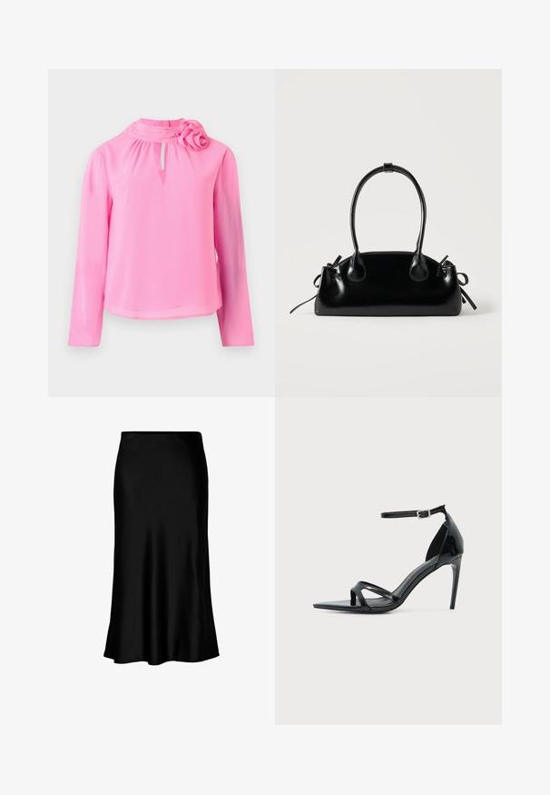 Roze lange mouw top van lichtgewicht stof met een hoge hals, sleuteldetalje en een decoratieve rozenaccent op de schouder.; Zwarte satijnen midi-rok met een gladde textuur, een uitlopende zoom en een nauwsluitende tailleband, met een eenvoudig, klassiek ontwerp.; Zwarte lakleren sandalen met hoge hak, dunne enkelband, open teen en minimalistisch ontwerp op een effen lichte achtergrond.; Kleine zwarte glanzende handtas met twee lange hengsels en zijkant trekkoord details op een effen lichte achtergrond.
