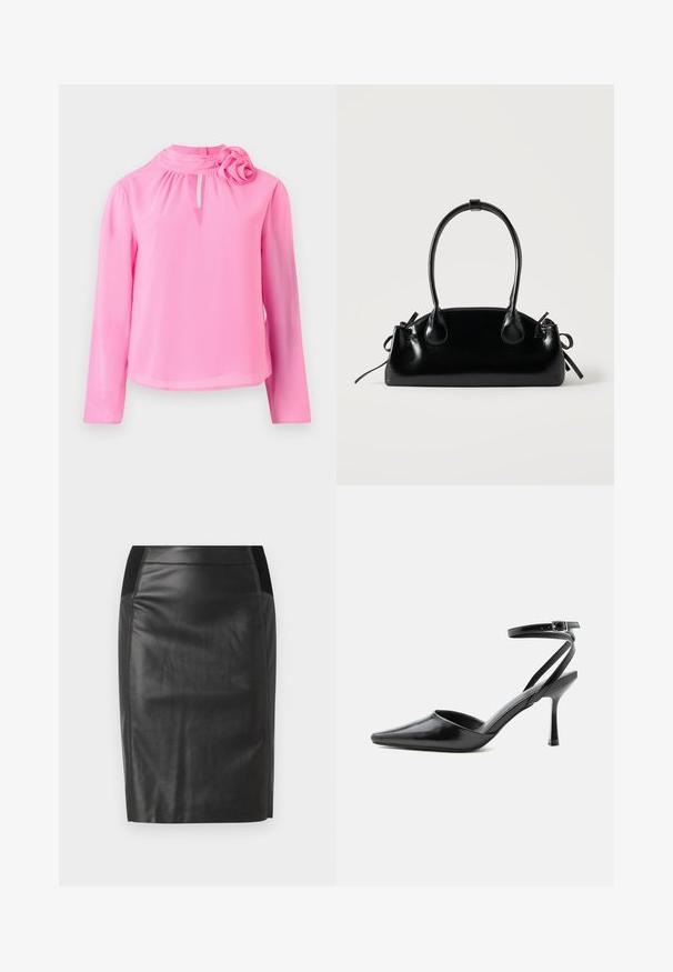 Top rose à manches longues en tissu léger, avec col montant, détail en trou de serrure et accent décoratif en forme de rose sur l'épaule.; Jupe crayon en cuir noir avec une coupe ajustée, texture lisse et accents de ceinture élastique de chaque côté. Ourlet plat en bas.; Escarpin noir à bout pointu avec fines brides de cheville et fermeture à boucle argentée sur fond clair uni.; Petit sac à main noir brillant avec deux longues anses et des détails à cordon sur les côtés sur un fond clair uni.