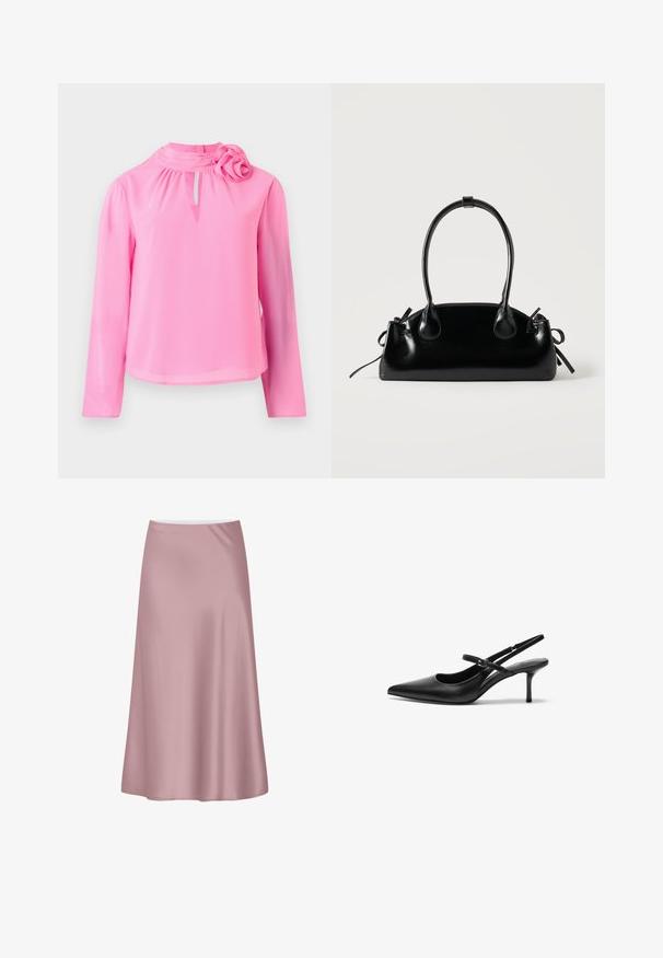 Lyserød langærmet top lavet af letvægtsstof, der har en mock neck, nøglehul detalje og en dekorativ roseaccent på skulderen.; Blød lyserød satin midi-nederdel med A-formet silhuet og glat, flydende stof.; Sorte læder slingback hæle med spids tå, slank justerbar rem og en stiletto hæl på cirka 5 cm, glat tekstur.; Lille sort blank håndtaske med to lange håndtag og snøre-detaljer i siden på en ensfarvet lys baggrund.