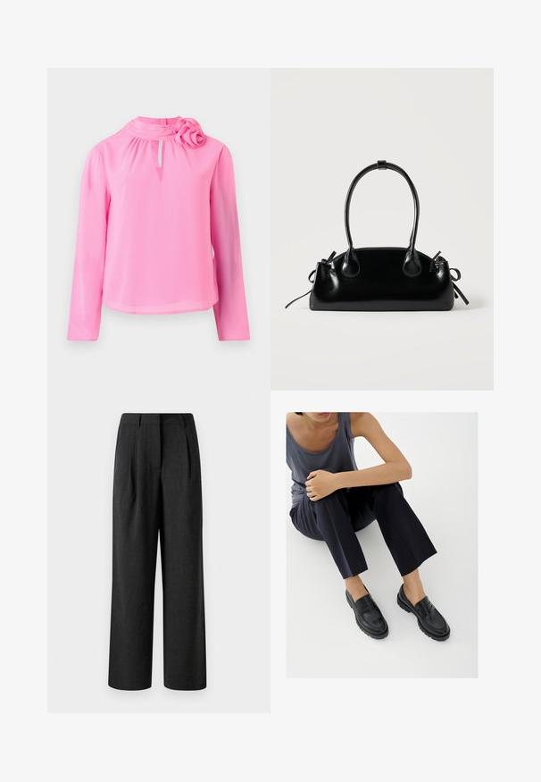 Top rose à manches longues en tissu léger, avec col montant, détail en trou de serrure et accent décoratif en forme de rose sur l'épaule.; Pantalons noirs à jambes larges en tissu texturé, dotés de plis avant et d'une taille ajustée, conçus pour une coupe décontractée.; Mocassins en cuir noir avec accents texturés, talon bas, bout arrondi, et coutures visibles. Modèle portant un pantalon sombre et un haut gris.; Petit sac à main noir brillant avec deux longues anses et des détails à cordon sur les côtés sur un fond clair uni.