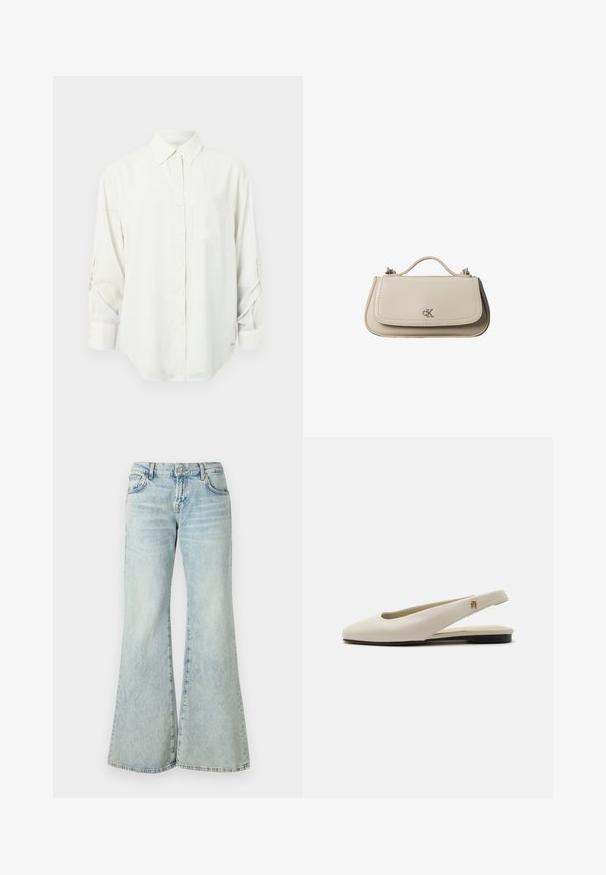 Witte blouse met lange mouwen, knoopsluiting en een kraag, met een enkel borstzakje en opgerolde mouwen. Zachte, gladde stof en ontspannen pasvorm.; Lichtblauwe flared jeans van denim, met een hoge taille, zakken en rafelige zomen. De stof heeft een vervaagde wassing en een subtiele textuur.; Crèmekleurige leren slingback platte schoen met ronde neus en klein gouden embleem op het bandje.; Kleine beige leren handtas met bovenhandvat en zilveren CK-logo op de voorflap, getoond tegen een witte achtergrond.