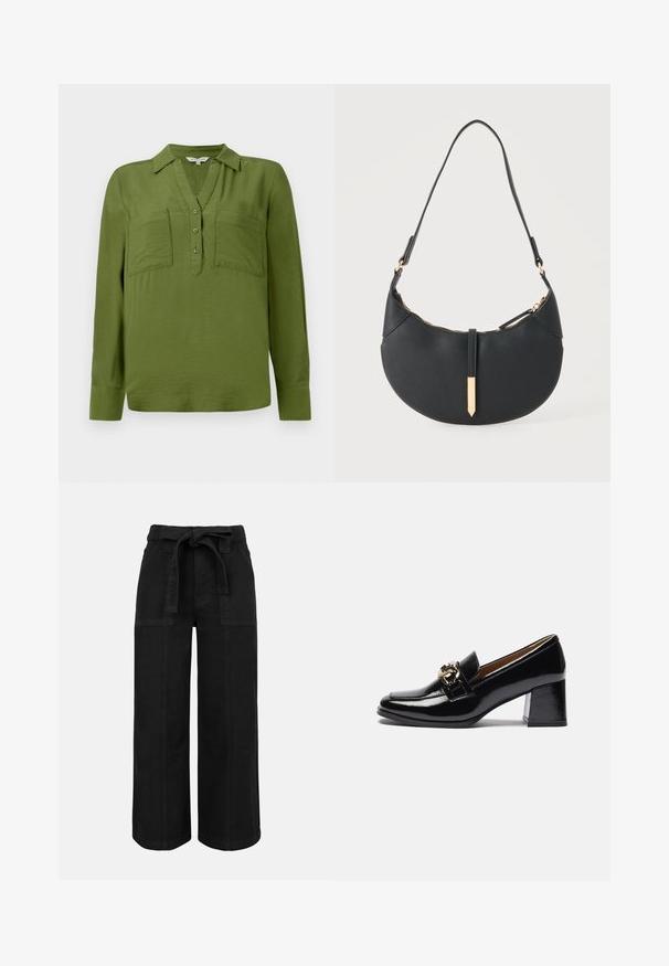 TOM TAILOR BLOUSE STRUCTURED SOLID - Bluse - deep ivy green; Schwarze, hoch taillierte Hose mit weitem Bein, vorderen aufgesetzten Taschen und einem Stoffgürtel, der in einer Schleife an der Taille gebunden ist.; Schwarze Lacklederschuhe mit Absatz, runder Zehenpartie, kräftigerem Absatz und einem goldfarbenen Hardware-Akzent auf dem vorderen Riemen.; Schwarze halbmondförmige Handtasche mit einem einzelnen Träger, goldenem Reißverschluss und einer goldenen rechteckigen dekorativen Lasche vorne.