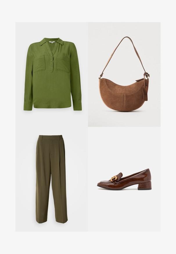 TOM TAILOR BLOUSE STRUCTURED SOLID - Blouse - deep ivy green; Olijfgroene wijde broek van een gladde stof, met een hoge taille, plooien aan de voorkant en zijzakken voor functionaliteit.; Bruine leren loafers met een glanzende afwerking, met een decoratieve gouden gesp aan de voorkant en een lage blokhak. Klassiek ontwerp.; Bruine suède handtas met een gebogen, halve maanvorm. Voorzien van een schouderriem, een klein label en zichtbare stiksels langs de randen.