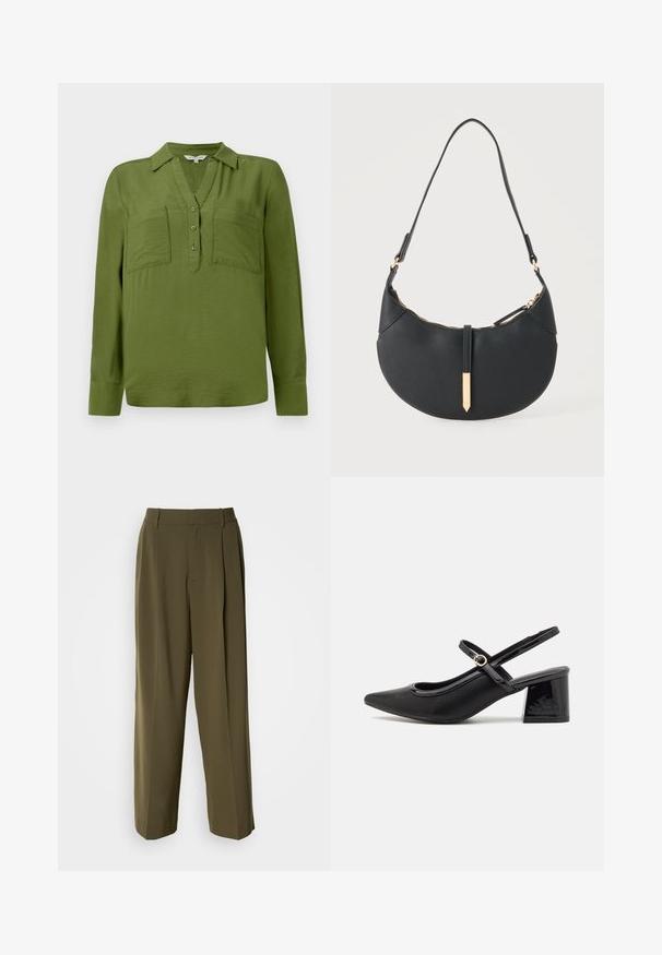 TOM TAILOR BLOUSE STRUCTURED SOLID - Blouse - deep ivy green; Olijfgroene wijde broek van een gladde stof, met een hoge taille, plooien aan de voorkant en zijzakken voor functionaliteit.; Zwarte gepolijste leren slingback hakken met een spitse neus, een ronde uitsnede en een blokhak. Voorzien van een gouden gespaccent.; Zwarte handtas in halve maanvorm met een enkele band, gouden rits en een gouden rechthoekige decoratieve tab aan de voorkant.