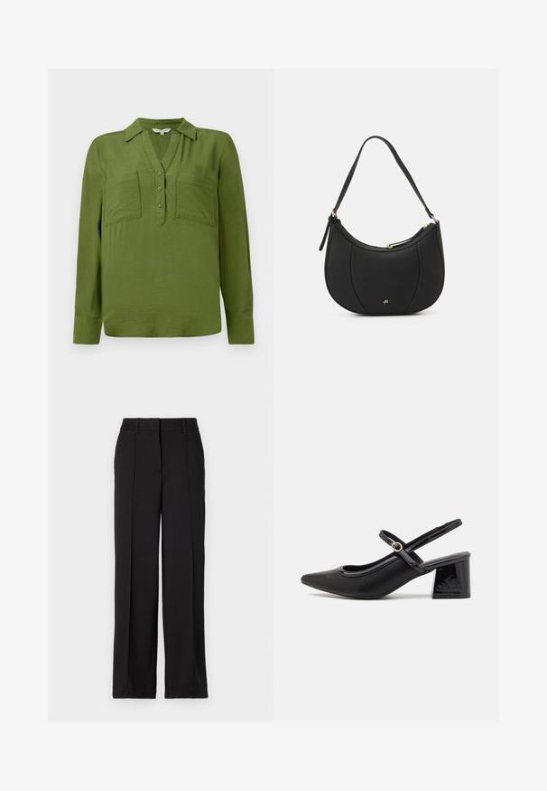 TOM TAILOR BLOUSE STRUCTURED SOLID - Blusa - deep ivy green; Pantalones negros con un diseño de pierna recta, con dos pliegues en la parte frontal, una cinturilla y sin bolsillos visibles ni adornos.; Tacones slingback de charol negro con punta afilada, un diseño de corte redondeado y tacón bloque. Incluye un detalle de hebilla en tono dorado.; Bolso de mano de cuero negro con forma curva, superficie texturizada, costuras frontales y un logo en tono dorado. Cuenta con una sola correa ajustable.