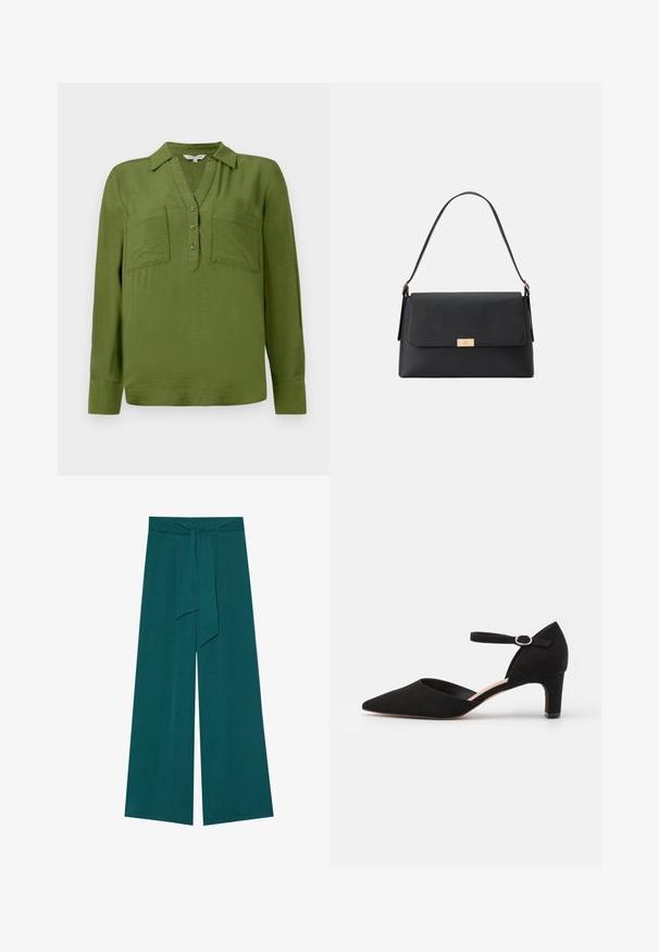 TOM TAILOR BLOUSE STRUCTURED SOLID - Bluse - deep ivy green; Viddebenede bukser i en dyb teal farve med en tekstureret finish, der har et bindebånd i taljen for justerbar pasform og en svajende silhuet.; Sort ruskinds pumps med spids tå, ankelrem med cirkulær spænde og en lav blokhæl. Glat tekstur og minimalistisk design.; Sort håndtaske lavet af tekstureret materiale med en struktureret form. Har en klaplukning, en guldfarvet hardwaredetalje og et enkelt håndtag.