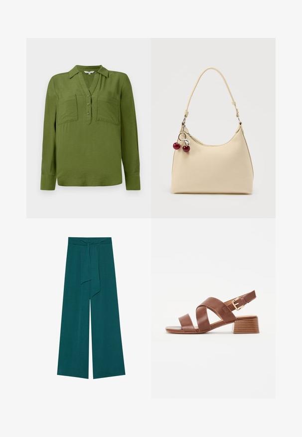 TOM TAILOR BLOUSE STRUCTURED SOLID - Bluse - deep ivy green; Viddebenede bukser i en dyb teal farve med en tekstureret finish, der har et bindebånd i taljen for justerbar pasform og en svajende silhuet.; Brune læderhælede sandaler med et krydsrem-design og en spænde-lukning, med en blokhæle og en glat, tekstureret finish.; Kremfarvet håndtaske med tekstureret overflade, enkelt skulderrem og lynlåsvedhæng formet som et kirsebær på ensfarvet baggrund.