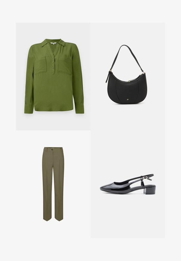 TOM TAILOR BLOUSE STRUCTURED SOLID - Blouse - deep ivy green; Pantalons ajustés vert olive avec une jambe droite, fermeture à un bouton et deux plis avant, présentant une texture lisse et tissée.; Chaussure slingback en cuir verni noir avec un bout pointu, des côtés découpés et un petit talon block. Équipée d'une bride de cheville avec une boucle.; Sac à main en cuir noir avec une forme courbée, surface texturée, coutures avant et un logo doré. Il est doté d'une seule sangle ajustable.
