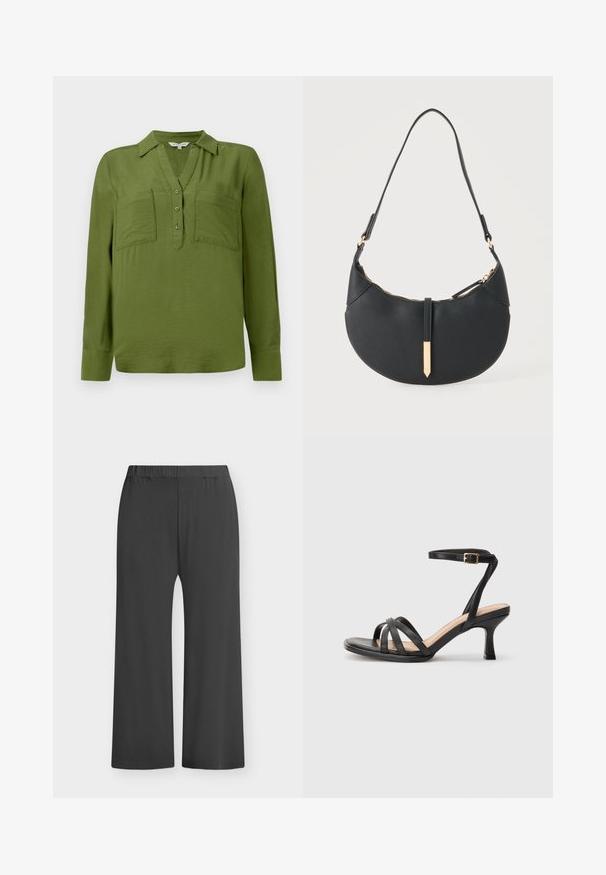 TOM TAILOR BLOUSE STRUCTURED SOLID - Μπλούζα - deep ivy green; Μαύρο παντελόνι φαρδιάς γραμμής με ελαστική μέση, κατασκευασμένο από μαλακό ύφασμα. Ομαλή υφή χωρίς σχέδια ή διακοσμήσεις, κατάλληλο για καθημερινή χρήση.; Μαύρες τακούνιες σάντες με πολλές λεπτές λωρίδες στην περιοχή των δαχτύλων, μία μόνο λωρίδα στον αστράγαλο με χρυσό κούμπωμα και τετράγωνη μύτη.; Μαύρη τσάντα χεριού σε σχήμα ημισελήνου με έναν ιμάντα, χρυστό φερμουάρ και χρυσή ορθογώνια διακοσμητική ετικέτα μπροστά.